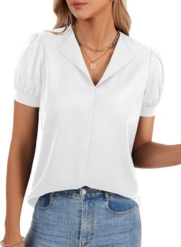 Rooscier Women's V Neck Puff Short Sleeve Casual Business Work Blouse Top Shirt in Saudi Arabia
