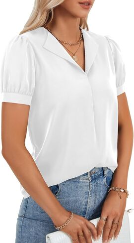 Rooscier Women's V Neck Puff Short Sleeve Casual Business Work Blouse Top Shirt in Saudi Arabia