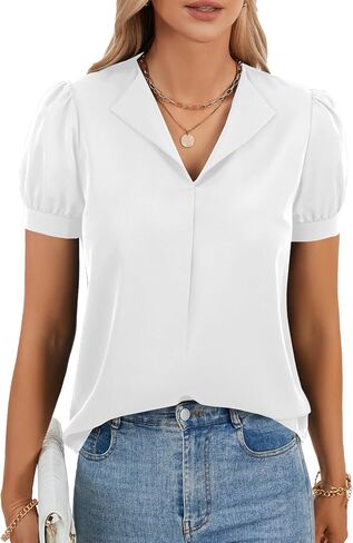 Rooscier Women's V Neck Puff Short Sleeve Casual Business Work Blouse Top Shirt in Saudi Arabia