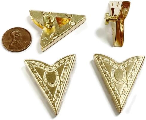 Pair Golden Brass Horseshoe Floral Border Country Western Shirt Blouse Collar Tips - Made in the USA in Saudi Arabia