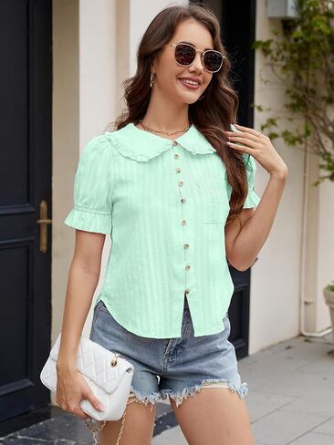 Womens Peter Pan Collar Shirt Short Puff Sleeve Button Down Blouse Tops 2025 Summer Casual Stripped Shirts in Kuwait