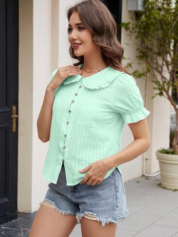 Womens Peter Pan Collar Shirt Short Puff Sleeve Button Down Blouse Tops 2025 Summer Casual Stripped Shirts in Kuwait