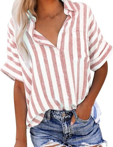 نساء مخطط زر أسفل القميص مريح الكتان القطن بلوزات Guze Short Sleeve Tunic Tops أعمال عارضة الأزياء 2025 in Saudi Arabia