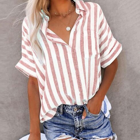 نساء مخطط زر أسفل القميص مريح الكتان القطن بلوزات Guze Short Sleeve Tunic Tops أعمال عارضة الأزياء 2025 in Saudi Arabia