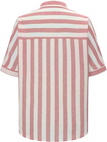 نساء مخطط زر أسفل القميص مريح الكتان القطن بلوزات Guze Short Sleeve Tunic Tops أعمال عارضة الأزياء 2025 in Saudi Arabia