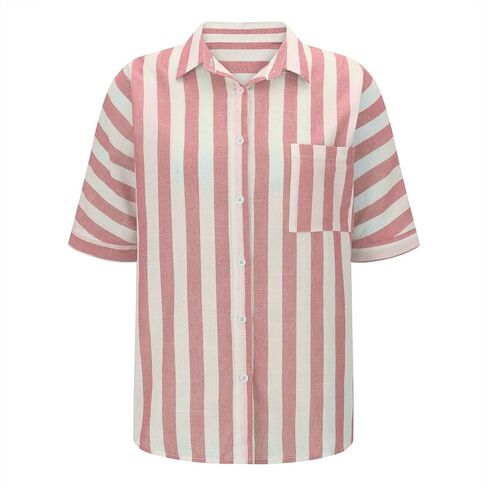 نساء مخطط زر أسفل القميص مريح الكتان القطن بلوزات Guze Short Sleeve Tunic Tops أعمال عارضة الأزياء 2025 in Saudi Arabia