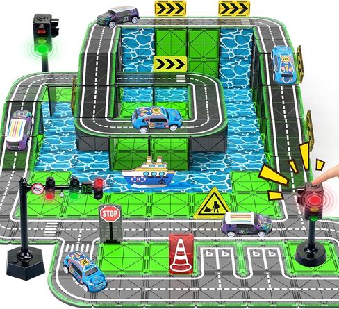 Magnetic Tiles Road Set with Pullback Car & Magnet Ship,Traffic Themed Magnetic Building Tiles Set with Traffic Light,STEM Magnet Tile for Kids Ages 3-5 4-8 5-7,Preschool Educational Kids Toys Gift in Saudi Arabia
