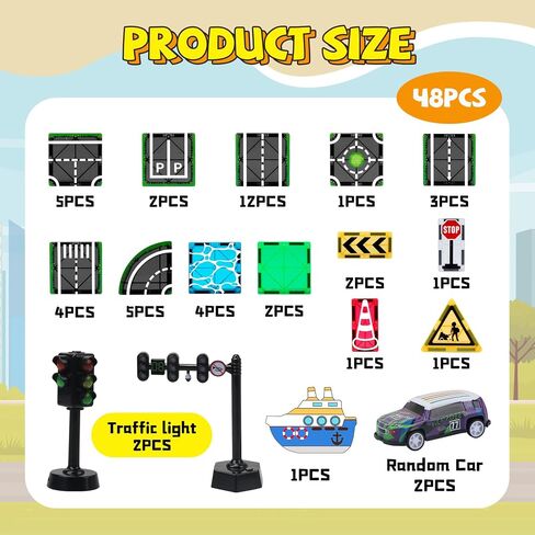 Magnetic Tiles Road Set with Pullback Car & Magnet Ship,Traffic Themed Magnetic Building Tiles Set with Traffic Light,STEM Magnet Tile for Kids Ages 3-5 4-8 5-7,Preschool Educational Kids Toys Gift in Saudi Arabia