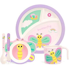 Rabbit Toddler Plate Set 5 Pieces Includes 3-Section Divided Plate, Bowl, Tumbler and Utensil Tableware, Non-BPA Bamboo Fiber Material Perfect for Girls (Rabbit) in Kuwait