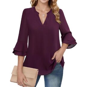 CASURESS Women's Tops Dressy Casual V Neck 3 4 Tiered Bell Sleeve Blouses Double Layered Chiffon Work Tunic Shirts in Saudi Arabia