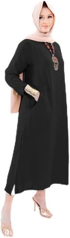 Women Linen Modest Long Shirt Dress with Sleeves Round Neck and Side Pocket Loose Fit Style for Casual Party in Saudi Arabia