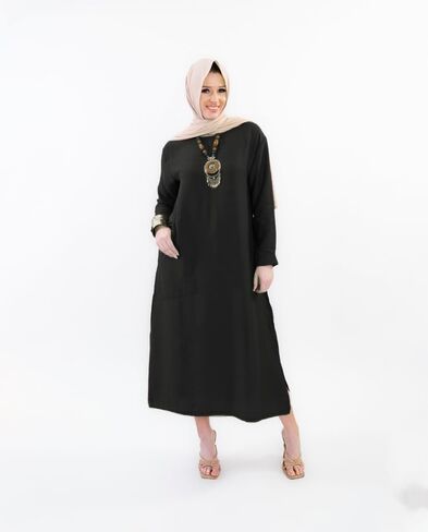 Women Linen Modest Long Shirt Dress with Sleeves Round Neck and Side Pocket Loose Fit Style for Casual Party in Saudi Arabia