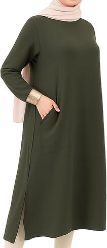 Women Linen Modest Long Shirt Dress with Sleeves Round Neck and Side Pocket Loose Fit Style for Casual Party in Saudi Arabia