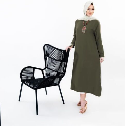 Women Linen Modest Long Shirt Dress with Sleeves Round Neck and Side Pocket Loose Fit Style for Casual Party in Saudi Arabia