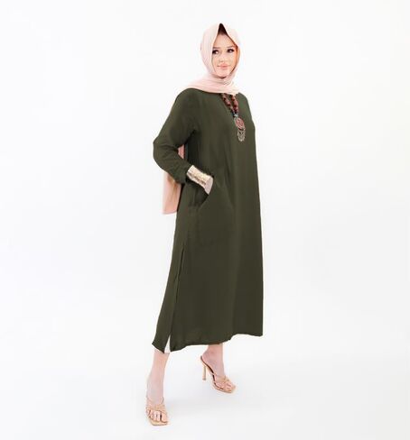 Women Linen Modest Long Shirt Dress with Sleeves Round Neck and Side Pocket Loose Fit Style for Casual Party in Saudi Arabia