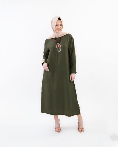 Women Linen Modest Long Shirt Dress with Sleeves Round Neck and Side Pocket Loose Fit Style for Casual Party in Saudi Arabia