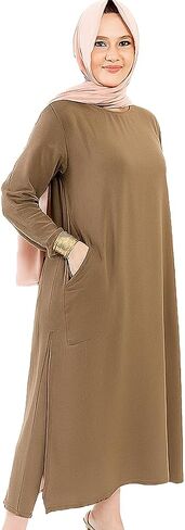 Women Linen Modest Long Shirt Dress with Sleeves Round Neck and Side Pocket Loose Fit Style for Casual Party in Saudi Arabia