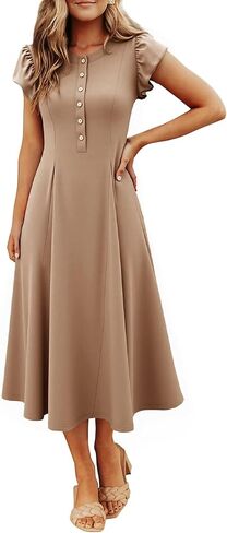 Simplee Womens Summer Casual Dress - Short Sleeve Button Crewneck A-Line Flowy Fit and Flare Beach Midi Dress in Saudi Arabia