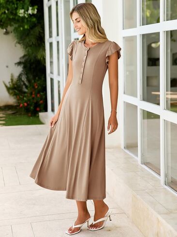 Simplee Womens Summer Casual Dress - Short Sleeve Button Crewneck A-Line Flowy Fit and Flare Beach Midi Dress in Saudi Arabia