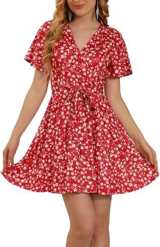 Aphratti Women's Fit and Flare Summer Dresses V Neck Short Sleeve High Waist Casual Spring Floral Wrap Dress in Saudi Arabia
