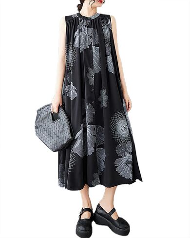 ellazhu Women's Shirt Dress Crewneck Sleeveless Two Side Pockets Patterned Flowy Hem Casual GZ399 in Saudi Arabia