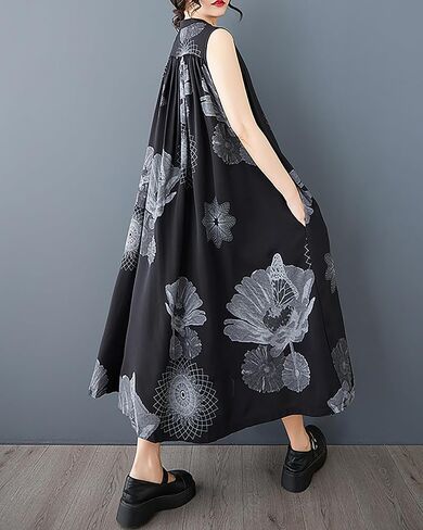 ellazhu Women's Shirt Dress Crewneck Sleeveless Two Side Pockets Patterned Flowy Hem Casual GZ399 in Saudi Arabia