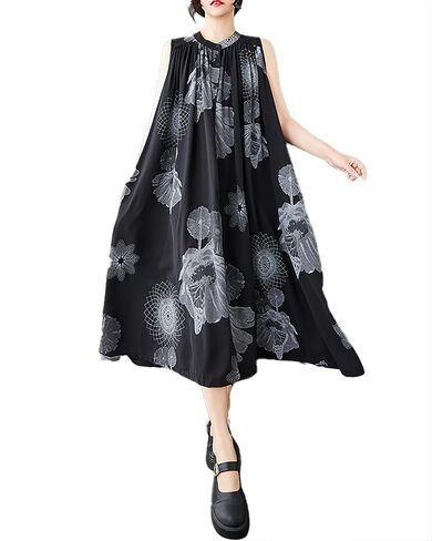 ellazhu Women's Shirt Dress Crewneck Sleeveless Two Side Pockets Patterned Flowy Hem Casual GZ399 in Saudi Arabia