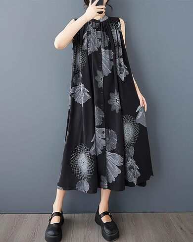 ellazhu Women's Shirt Dress Crewneck Sleeveless Two Side Pockets Patterned Flowy Hem Casual GZ399 in Saudi Arabia