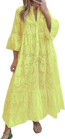 utcoco Womens Lace Embroidered Eyelet Maxi Dresses 3/4 Trumpet Sleeve Button V Neck Flowy Swing Hem Tiered A Line Dress in Saudi Arabia