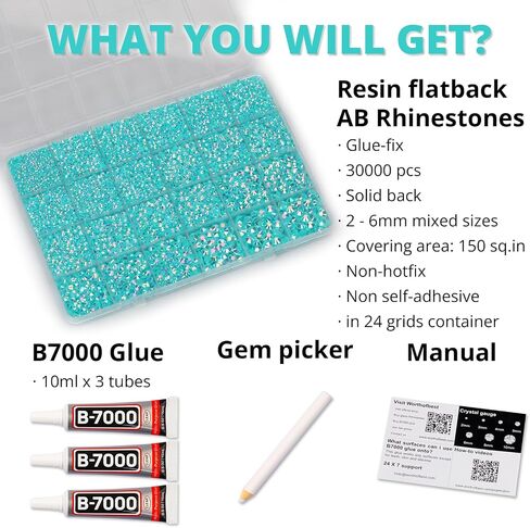 30000Pcs Resin Rhinestones Set for Crafting Bedazzling, Gray Flatback Gems Jewels for Crafts Clothes Shoes Fabric Outfit Nails Makeup, Grey Flat Back Crystal 2-6mm with b 7000 Glue in Kuwait