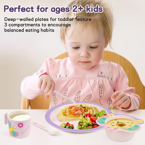 Rabbit Toddler Plate Set 5 Pieces Includes 3-Section Divided Plate, Bowl, Tumbler and Utensil Tableware, Non-BPA Bamboo Fiber Material Perfect for Girls (Rabbit) in Kuwait