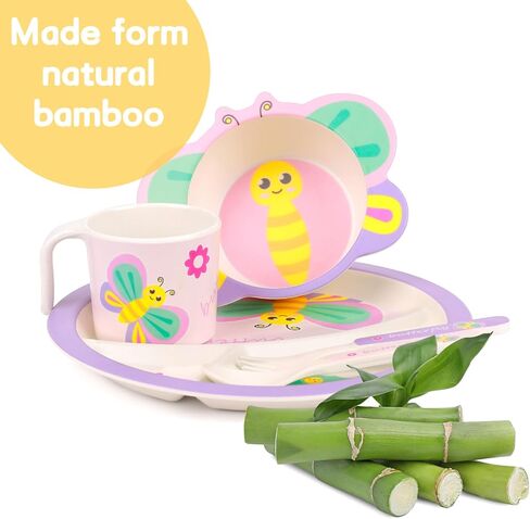 Rabbit Toddler Plate Set 5 Pieces Includes 3-Section Divided Plate, Bowl, Tumbler and Utensil Tableware, Non-BPA Bamboo Fiber Material Perfect for Girls (Rabbit) in Kuwait