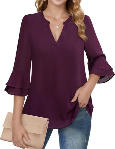 CASURESS Women's Tops Dressy Casual V Neck 3 4 Tiered Bell Sleeve Blouses Double Layered Chiffon Work Tunic Shirts in Kuwait