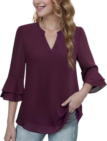 CASURESS Women's Tops Dressy Casual V Neck 3 4 Tiered Bell Sleeve Blouses Double Layered Chiffon Work Tunic Shirts in Kuwait