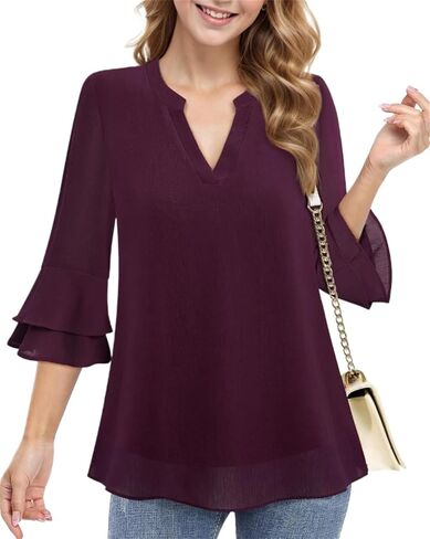 CASURESS Women's Tops Dressy Casual V Neck 3 4 Tiered Bell Sleeve Blouses Double Layered Chiffon Work Tunic Shirts in Kuwait