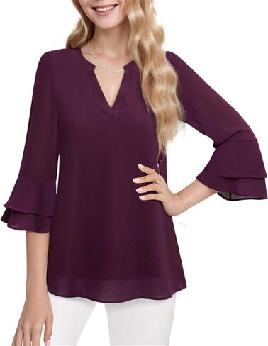 CASURESS Women's Tops Dressy Casual V Neck 3 4 Tiered Bell Sleeve Blouses Double Layered Chiffon Work Tunic Shirts in Kuwait