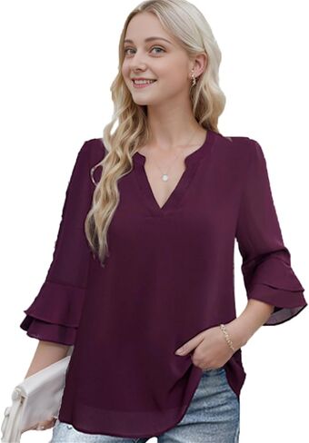 CASURESS Women's Tops Dressy Casual V Neck 3 4 Tiered Bell Sleeve Blouses Double Layered Chiffon Work Tunic Shirts in Kuwait