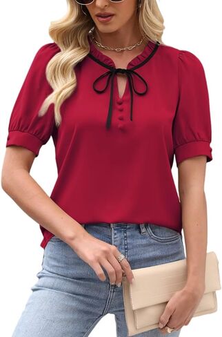CiCiBird Womens Dressy Casual Blouses Elegant Business Work Tops Tie Front Puff Short Sleeve Shirt in Kuwait