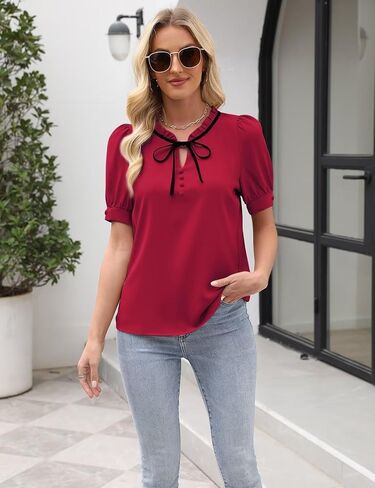 CiCiBird Womens Dressy Casual Blouses Elegant Business Work Tops Tie Front Puff Short Sleeve Shirt in Kuwait