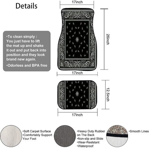 Car Floor Mats - Black Bandana Pattern Carpet Floor Mats for Cars, Auto Accessories Front & Rear Car Floor Foot Mat Sets of 4 Pieces in Saudi Arabia