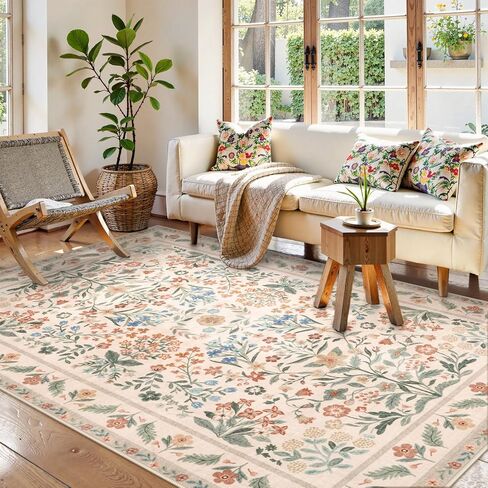 Leevan Floral 5x7 منطقة سجاد لغرفة المعيشة ، سجادة غرفة نوم منخفضة ناعمة غير قابلة للانزلاق ، سجاد حضانة قابلة للغسل ، غرفة طعام في بوهو خمر مات فائل رقيقة للمكتب (بيج) in Kuwait
