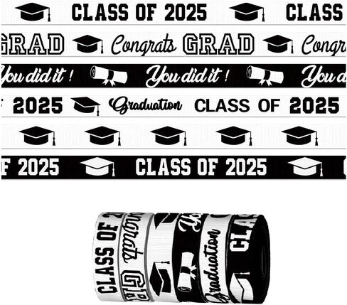 2 Rolls × 7 Yards Class of 2025 Ribbon for Crafting Sewing, 7/8 Inch Black White Grosgrain Ribbons for Gift Wrapping, Senior 2025 Graduation Ribbons for Hair Bow Accessory in Saudi Arabia