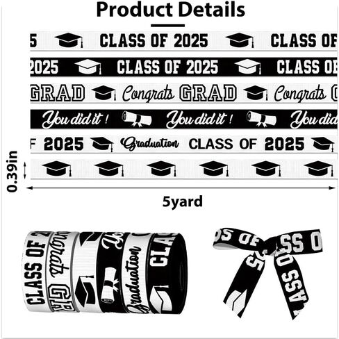 2 Rolls × 7 Yards Class of 2025 Ribbon for Crafting Sewing, 7/8 Inch Black White Grosgrain Ribbons for Gift Wrapping, Senior 2025 Graduation Ribbons for Hair Bow Accessory in Saudi Arabia