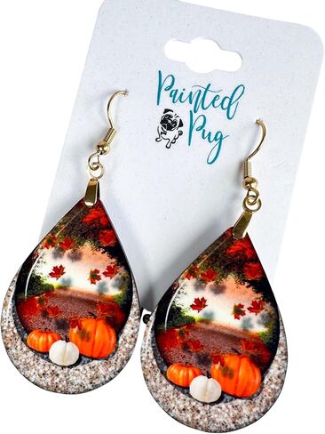 Fall Earrings for Women Autumn Lightweight Teardrop Pumpkin Thanksgiving Jewelry Dangle Fun Colorful Statement Handmade The Painted Pug (Fall Scene) in Kuwait