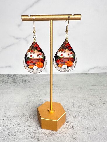 Fall Earrings for Women Autumn Lightweight Teardrop Pumpkin Thanksgiving Jewelry Dangle Fun Colorful Statement Handmade The Painted Pug (Fall Scene) in Kuwait