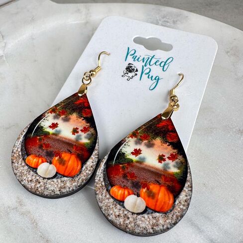 Fall Earrings for Women Autumn Lightweight Teardrop Pumpkin Thanksgiving Jewelry Dangle Fun Colorful Statement Handmade The Painted Pug (Fall Scene) in Kuwait