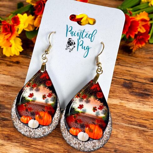 Fall Earrings for Women Autumn Lightweight Teardrop Pumpkin Thanksgiving Jewelry Dangle Fun Colorful Statement Handmade The Painted Pug (Fall Scene) in Kuwait
