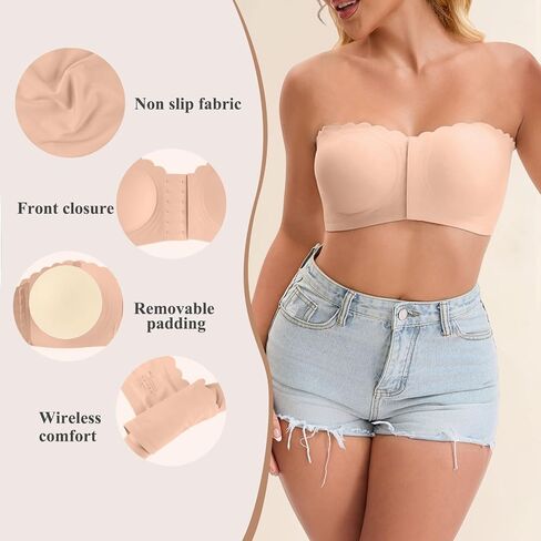 Front Closure Wireless Strapless Bras for Women Seamless Comfy Bandeau Bralette(Beige,XX-Large) in Saudi Arabia
