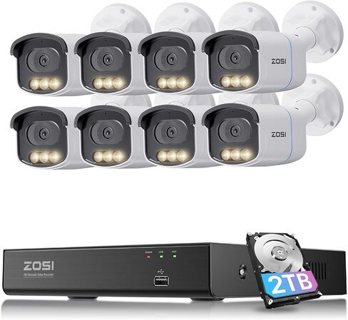 Zosi 4K 8MP 16CH POE Security Camera System ، 8pcs 3K 5MP C186 Aurora Lux True Full Color Light Vision Outdoor Indoor Poe Wired Cameras ، تنبيهات شخص/مركبة ، خفيفة وذرة صفارات الإنذار ، وتحدث في اتجاهين ، مع 4TB HDD in Kuwait