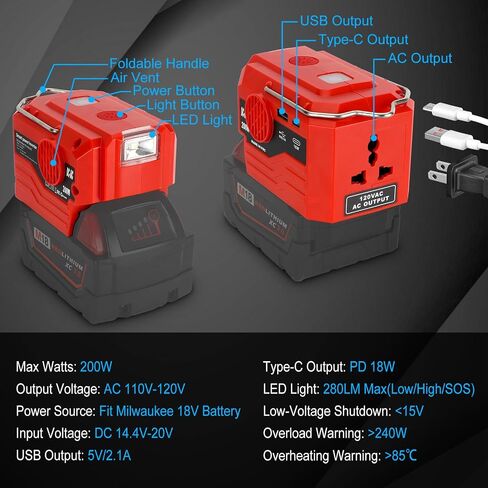 DC 18V إلى AC 120 فولت العاكس للطاقة لبطارية ميلووكي M18 18V ، 350W محول عاكس طاقة موجة الجيب النقي مع 6 شاشة LCD الإخراج وضوء LED ، منفذ بطارية 4 (بدون بطارية) in Kuwait